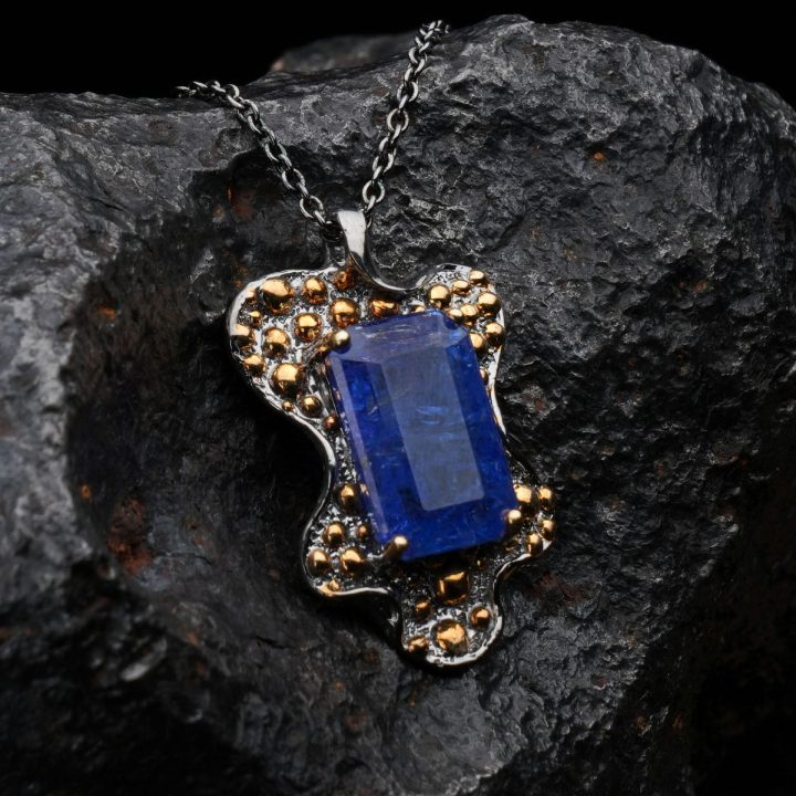 Natural Tanzanite Pendant Necklace on Sterling Silver with Gold Accents