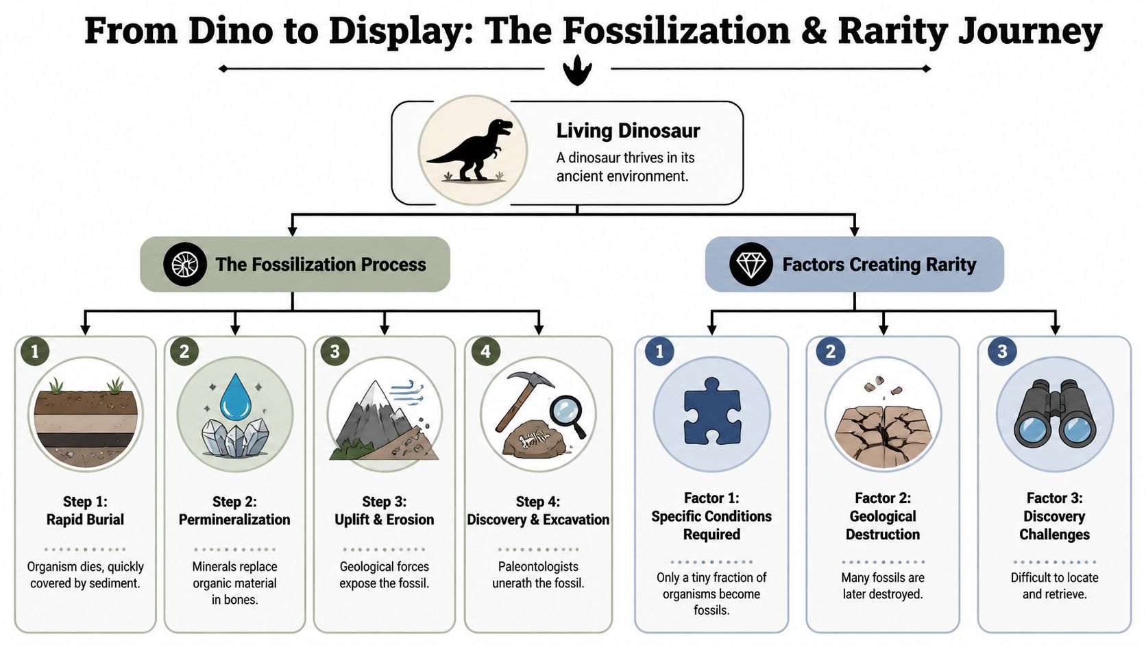 A flowchart infographic titled From Dino to Display illustrating the process of dinosaur fossilization and rarity factors.
