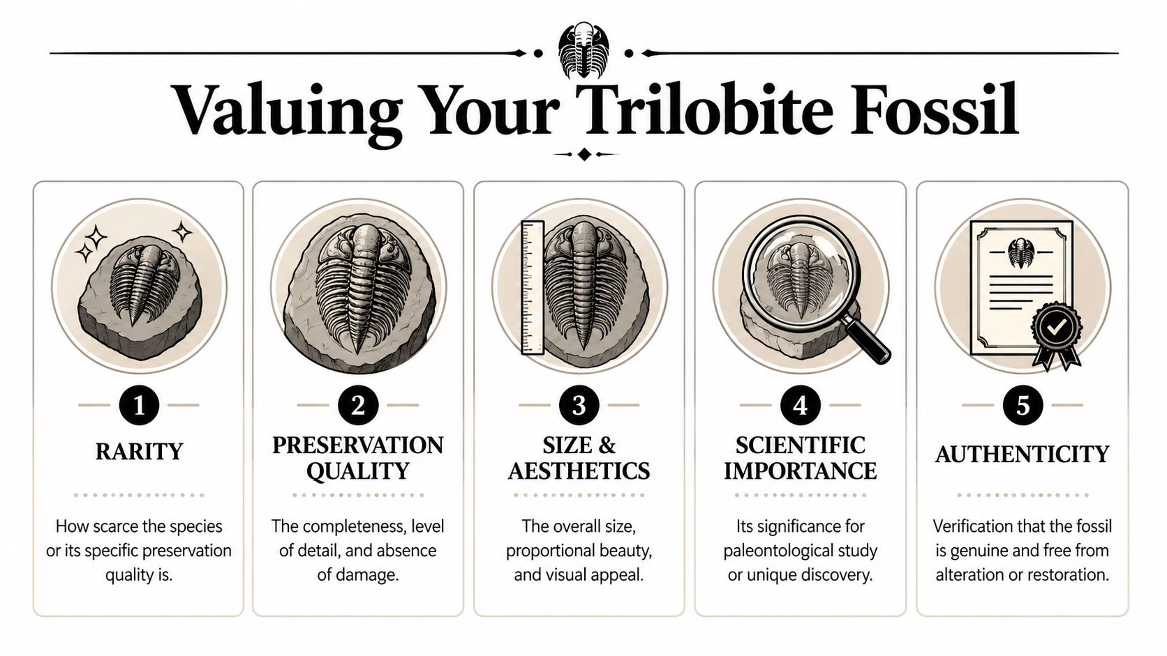 An infographic titled Valuing Your Trilobite Fossil, listing five key factors for determining the value of fossils.