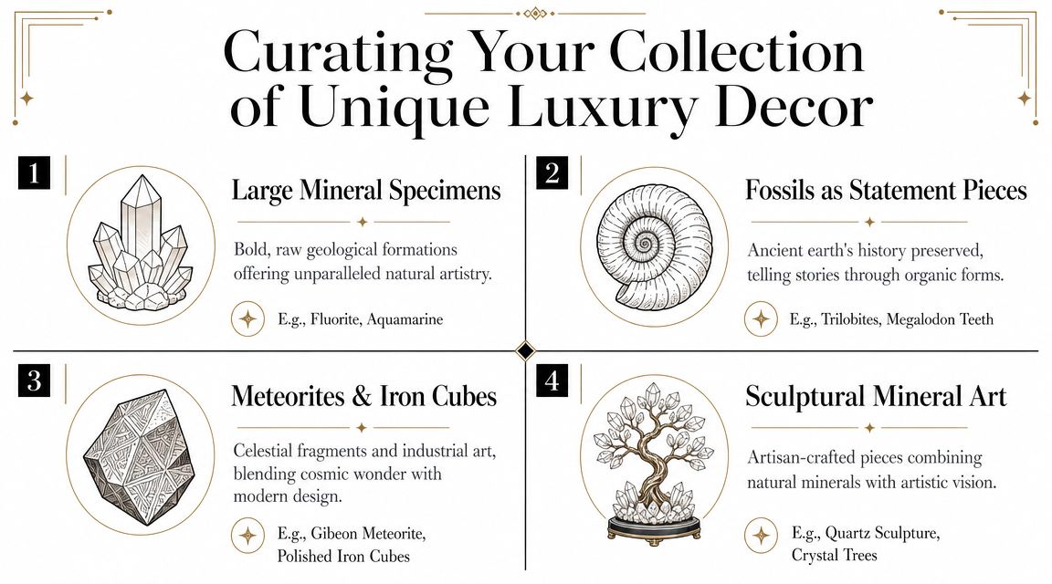 An infographic titled Curating Your Collection of Unique Luxury Decor showing four types of collectible mineral artworks.