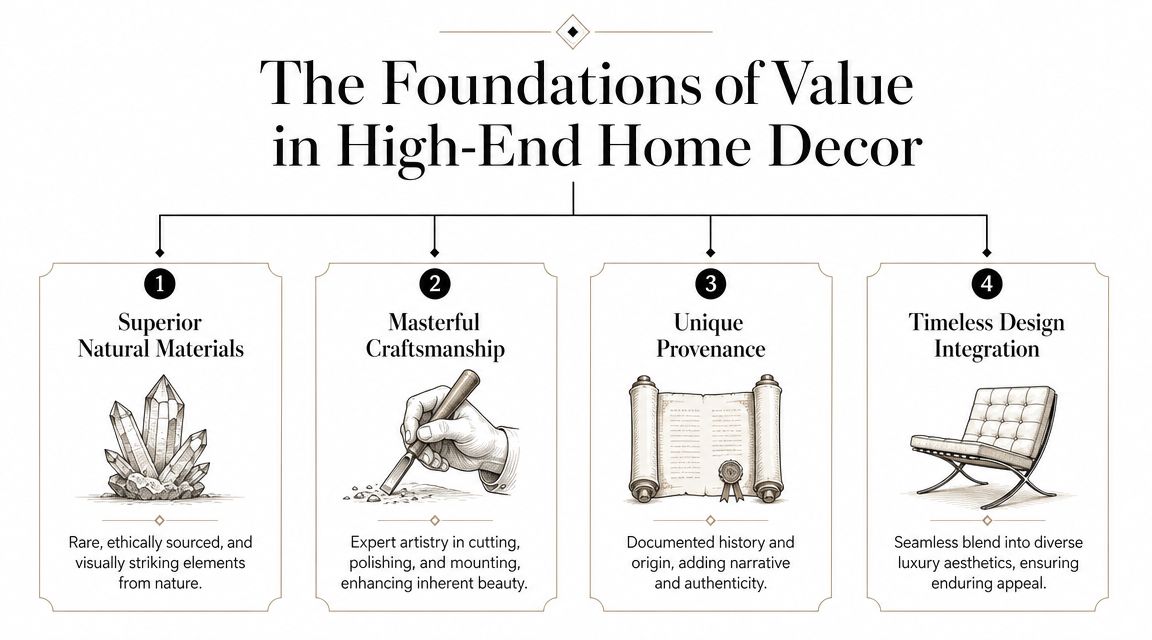 An infographic detailing the four key foundations of value in luxury high-end home decor pieces.