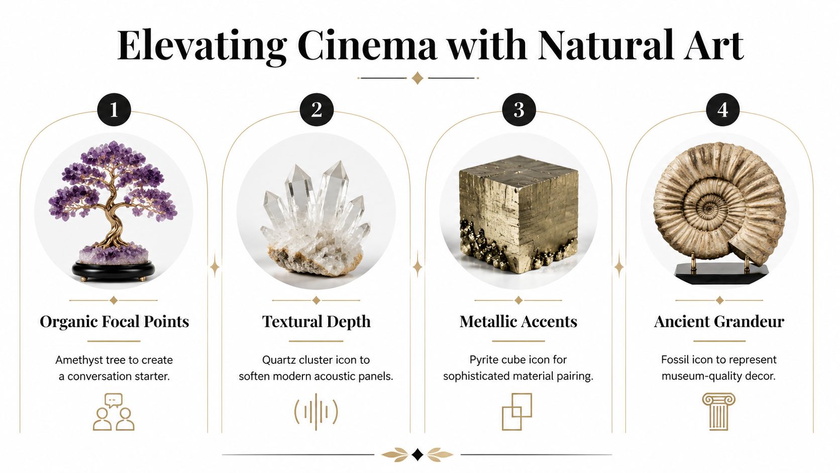 Four numbered examples of natural art decor elements, including crystals and fossils, for luxury home cinema design.