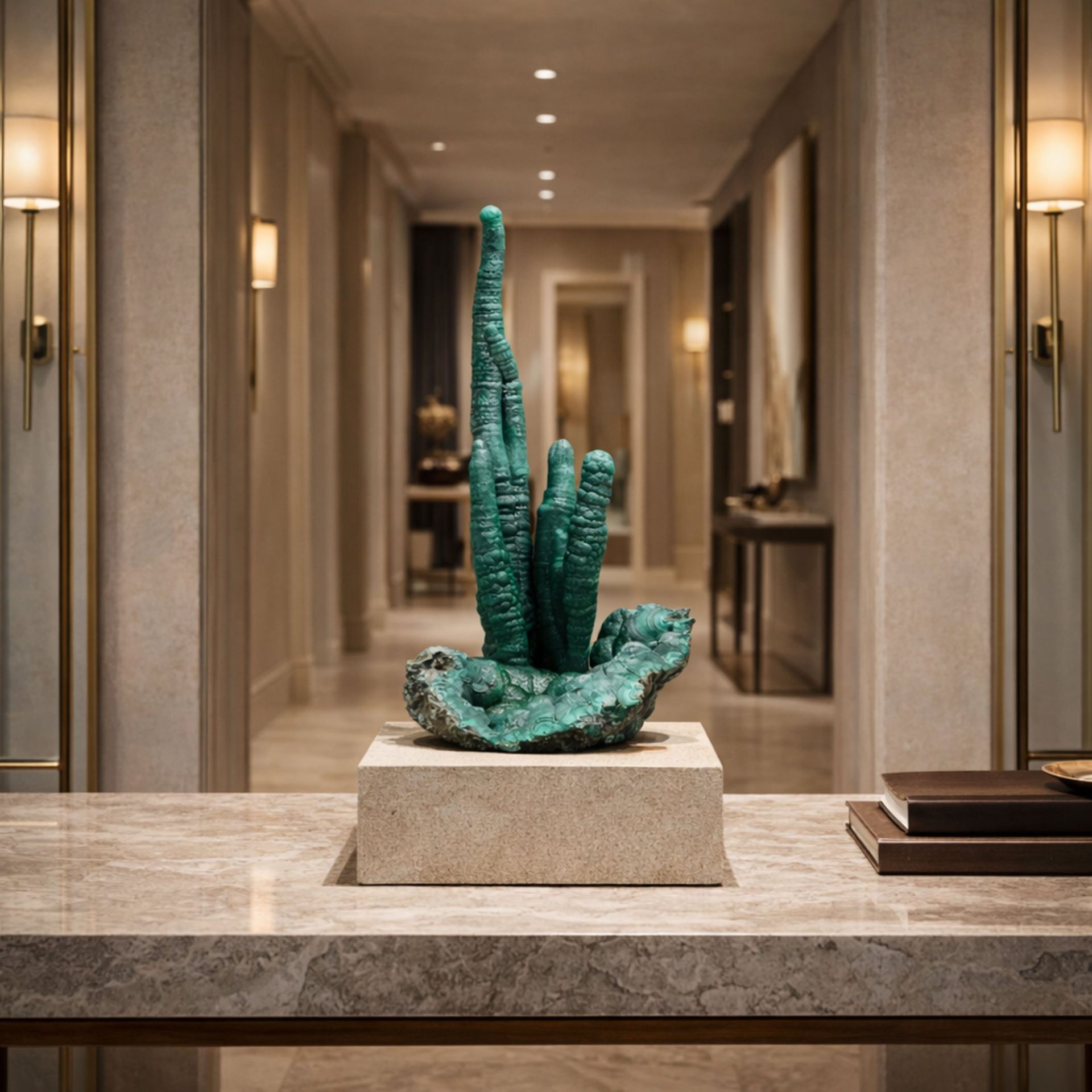 A unique green malachite sculpture on a marble table in a luxurious, well-lit hallway.