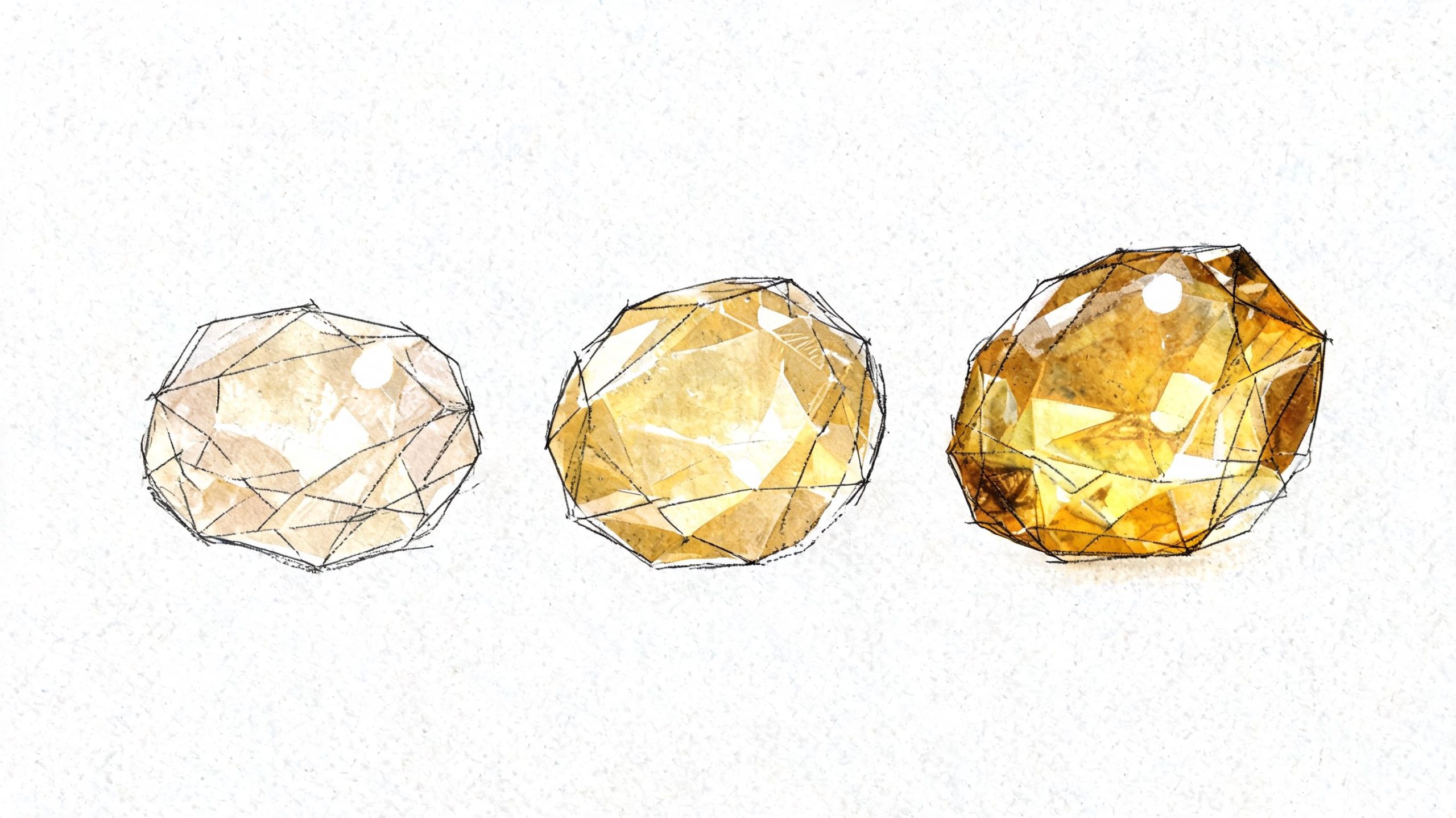Three artistic watercolor illustrations showing the transition of a natural citrine stone from light to deep amber.