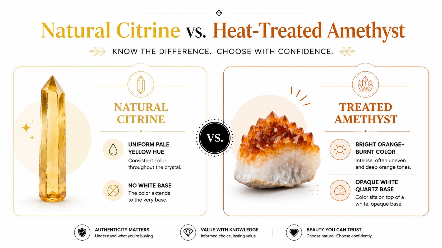 A comparison infographic showing the visual differences between natural citrine crystal and heat-treated amethyst crystal.