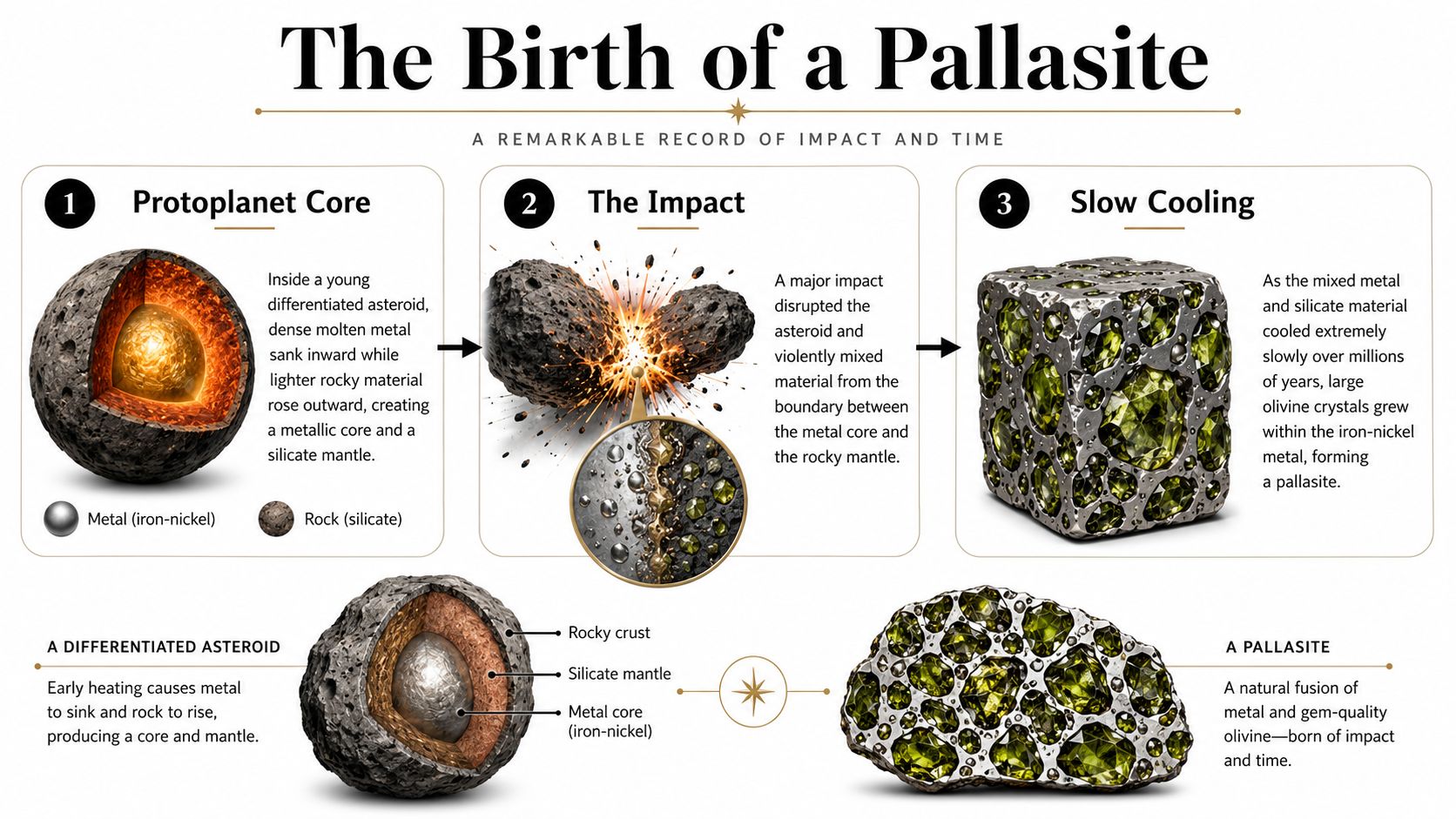 An infographic detailing the geological process of how pallasite meteorites are formed through impact and cooling.
