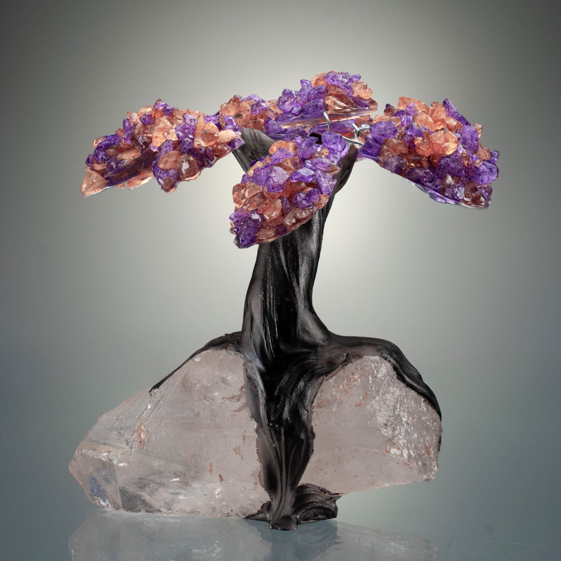 Natural Amethyst and Citrine Gemstone on Quartz Crystal Gem Tree of Prosperity