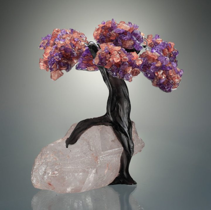 Natural Amethyst and Citrine Gemstone on Quartz Crystal Gem Tree of Prosperity