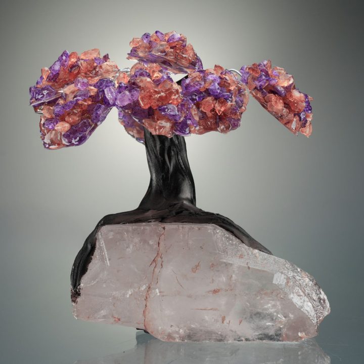 Natural Amethyst and Citrine Gemstone on Quartz Crystal Gem Tree of Prosperity