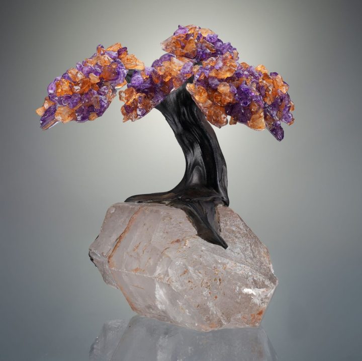 Natural Amethyst and Citrine Gemstone on Quartz Crystal Gem Tree of Prosperity