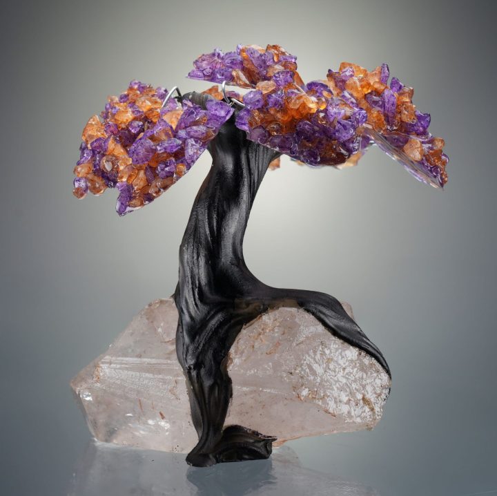 Natural Amethyst and Citrine Gemstone on Quartz Crystal Gem Tree of Prosperity