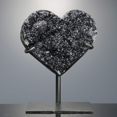 Hand Carved Black Amethyst Heart on Custom Metal Stand – Uruguay