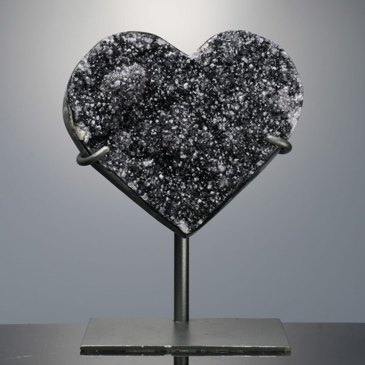 Hand Carved Black Amethyst Heart on Custom Metal Stand – Uruguay