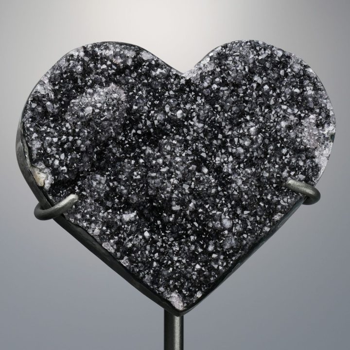 Hand Carved Black Amethyst Heart on Custom Metal Stand – Uruguay