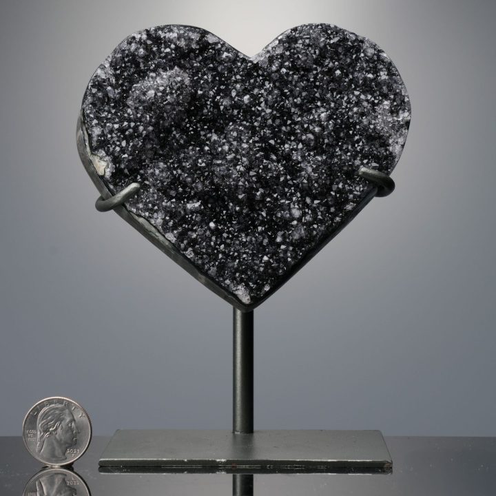 Hand Carved Black Amethyst Heart on Custom Metal Stand – Uruguay