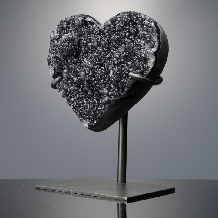 Hand Carved Black Amethyst Heart on Custom Metal Stand – Uruguay