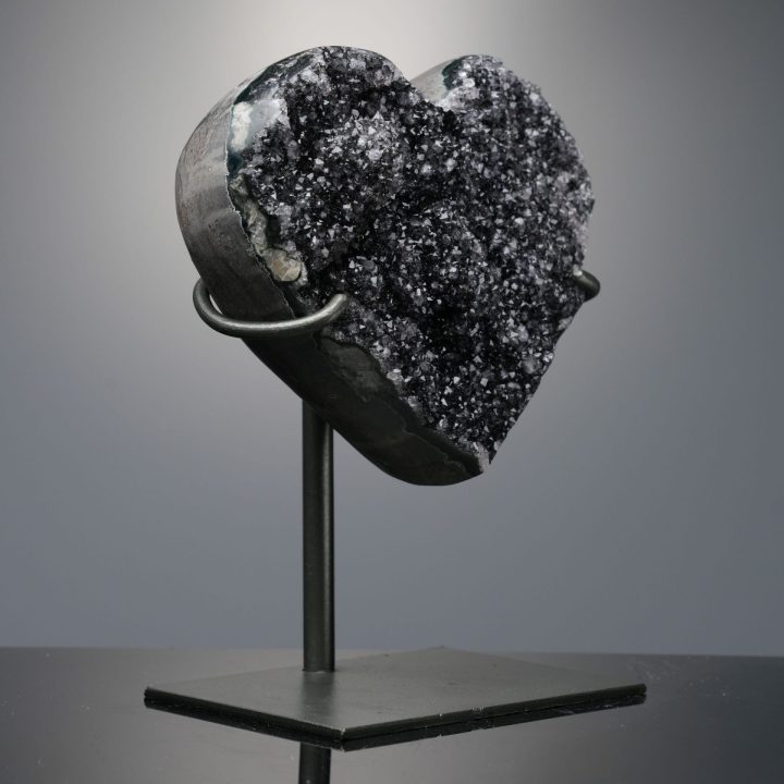 Hand Carved Black Amethyst Heart on Custom Metal Stand – Uruguay
