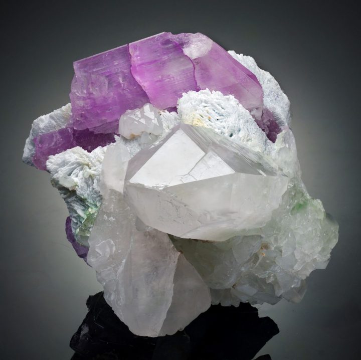 Genuine Kunzite on Quartz with Green Tourmaline from Pakistan - Collector Specimen