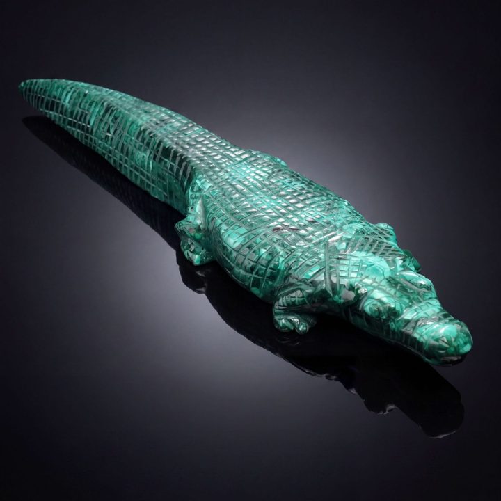 Large Hand‑Carved Genuine Malachite Alligator Sculpture from the DRC