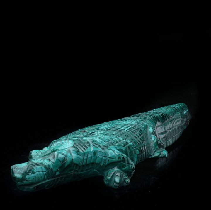 Large Hand‑Carved Genuine Malachite Alligator Sculpture from the DRC