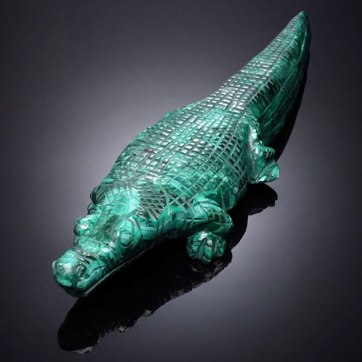 Large Hand‑Carved Genuine Malachite Alligator Sculpture from the DRC
