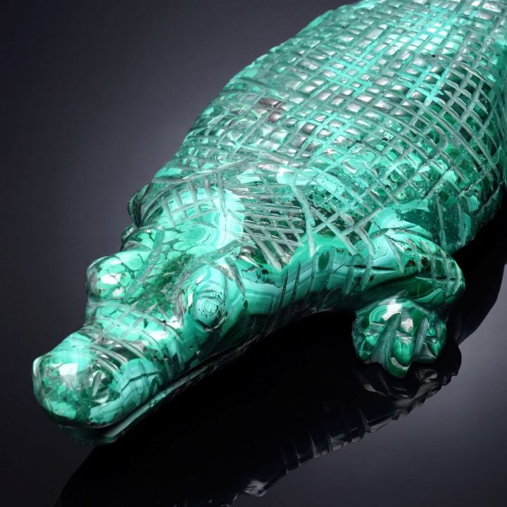 Large Hand‑Carved Genuine Malachite Alligator Sculpture from the DRC