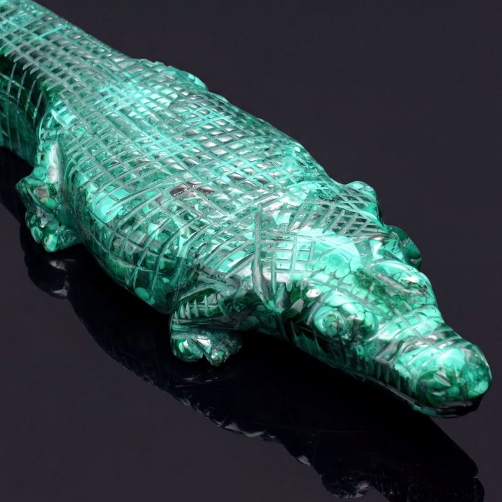 Large Hand‑Carved Genuine Malachite Alligator Sculpture from the DRC