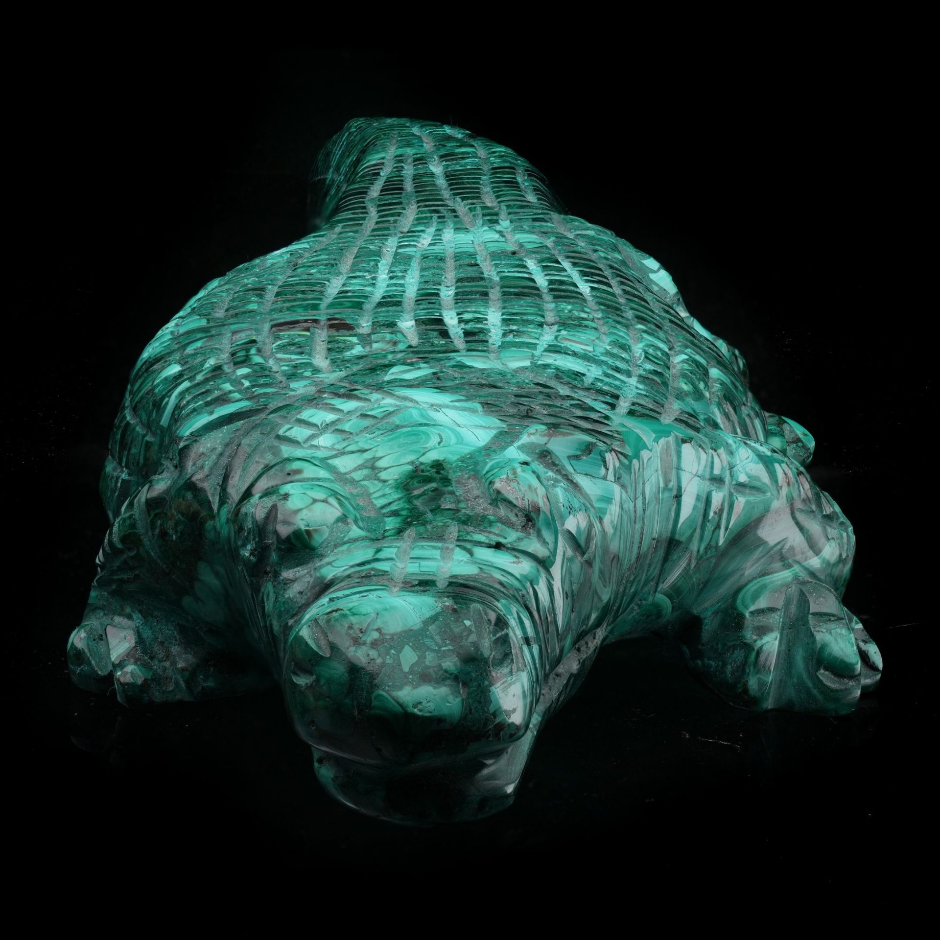 Large Hand‑Carved Genuine Malachite Alligator Sculpture from the DRC