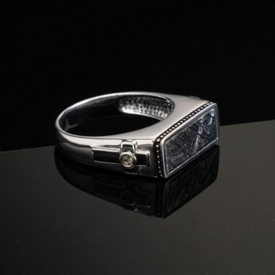 Hand‑Carved Men’s Muonionalusta Meteorite Ring with Black Onyx and White Sapphire