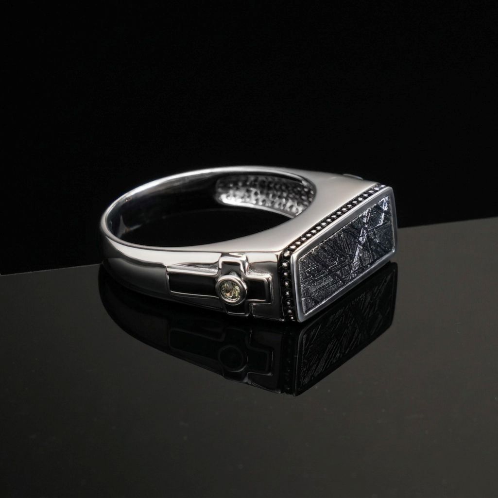 Hand‑Carved Men’s Muonionalusta Meteorite Ring with Black Onyx and White Sapphire