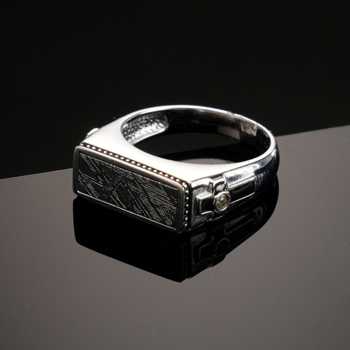 Hand‑Carved Men’s Muonionalusta Meteorite Ring with Black Onyx and White Sapphire
