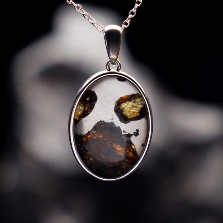 Genuine Pallasite Meteorite Pendant Necklace – Rare Olivine Crystal Jewelry
