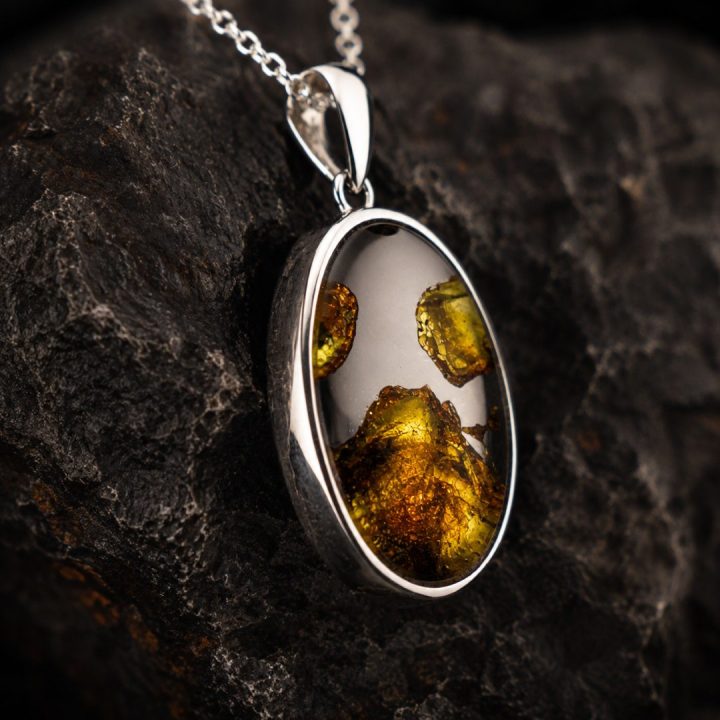 Genuine Pallasite Meteorite Pendant Necklace – Rare Olivine Crystal Jewelry