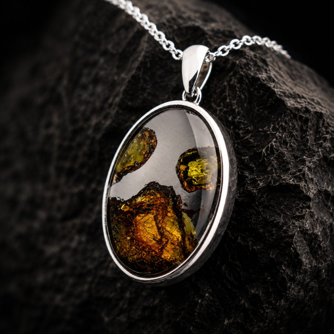 Genuine Pallasite Meteorite Pendant Necklace – Rare Olivine Crystal Jewelry