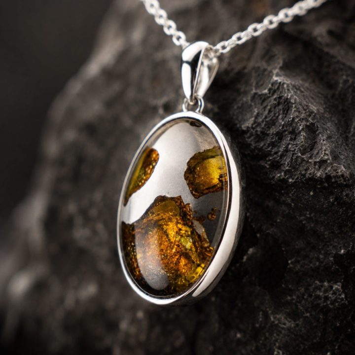 Genuine Pallasite Meteorite Pendant Necklace – Rare Olivine Crystal Jewelry