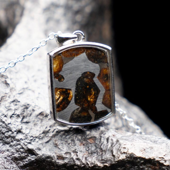 Genuine Pallasite Meteorite Pendant Necklace – Rare Olivine Crystal