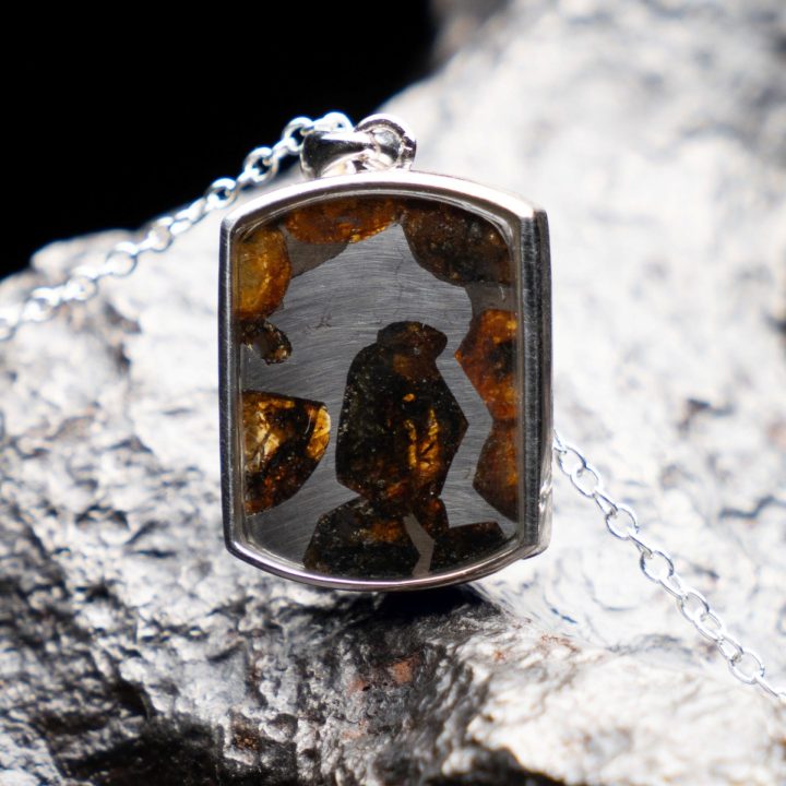 Genuine Pallasite Meteorite Pendant Necklace – Rare Olivine Crystal