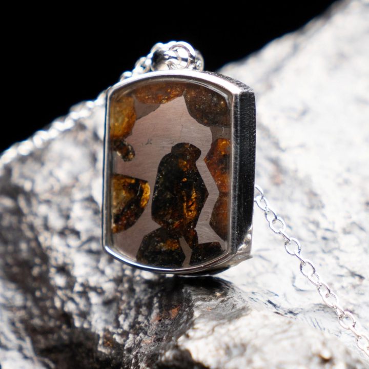 Genuine Pallasite Meteorite Pendant Necklace – Rare Olivine Crystal