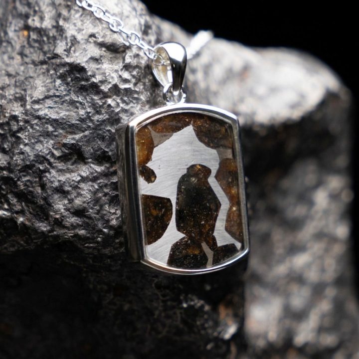Genuine Pallasite Meteorite Pendant Necklace – Rare Olivine Crystal