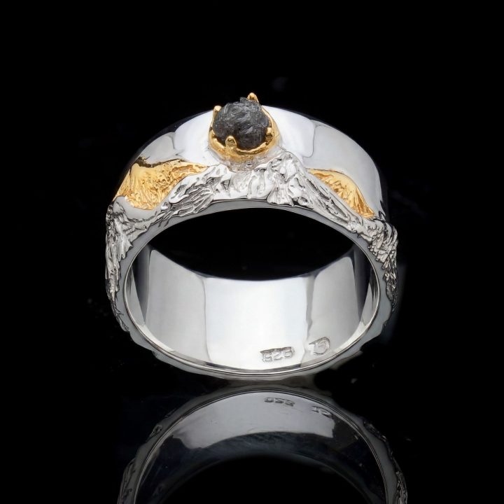 Hand‑Crafted Genuine Rough Diamond Ring in Sterling Silver with Gold Accents