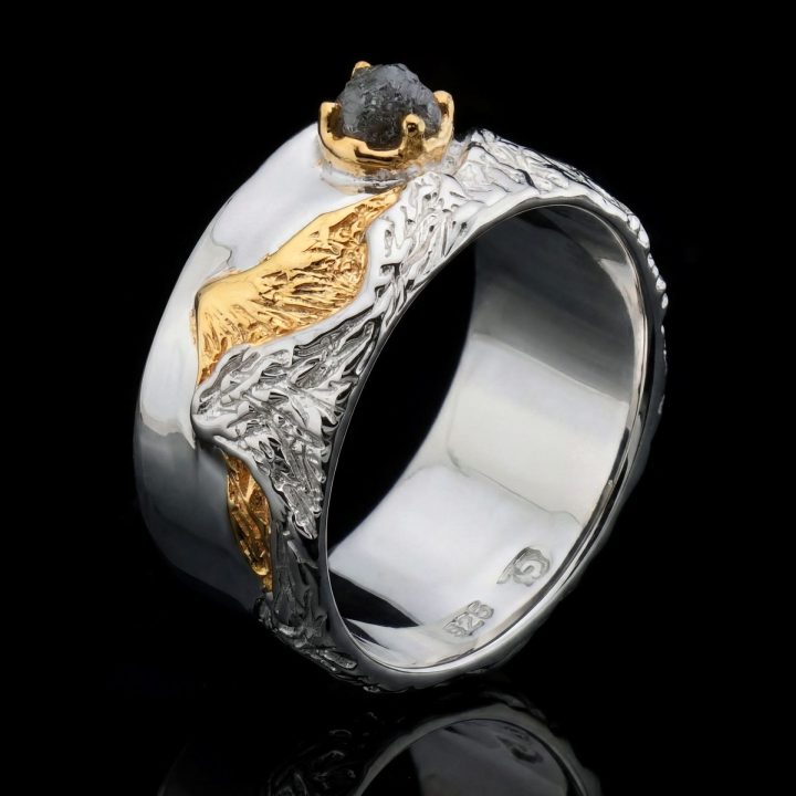 Hand‑Crafted Genuine Rough Diamond Ring in Sterling Silver with Gold Accents