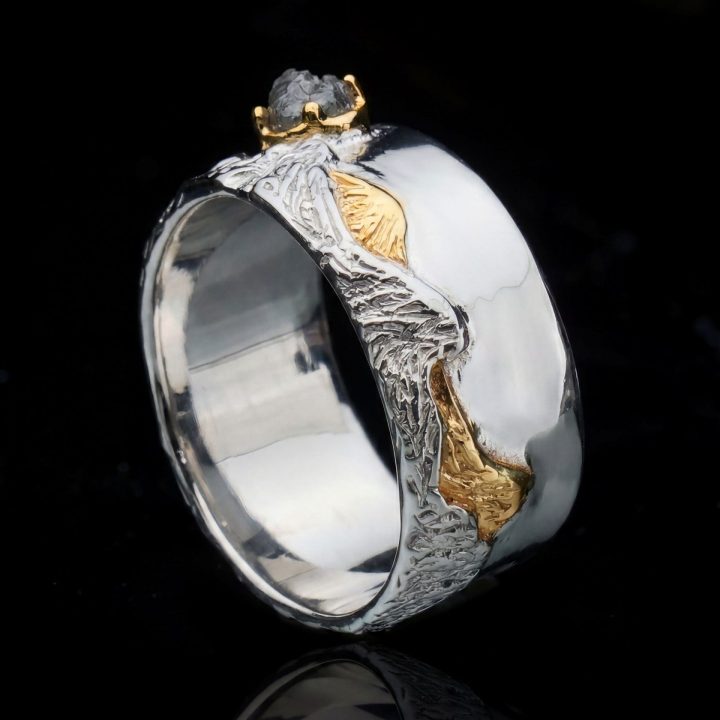 Hand‑Crafted Genuine Rough Diamond Ring in Sterling Silver with Gold Accents