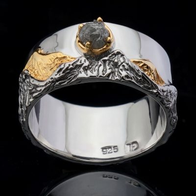 Hand‑Crafted Genuine Rough Diamond Ring in Sterling Silver with Gold Accents