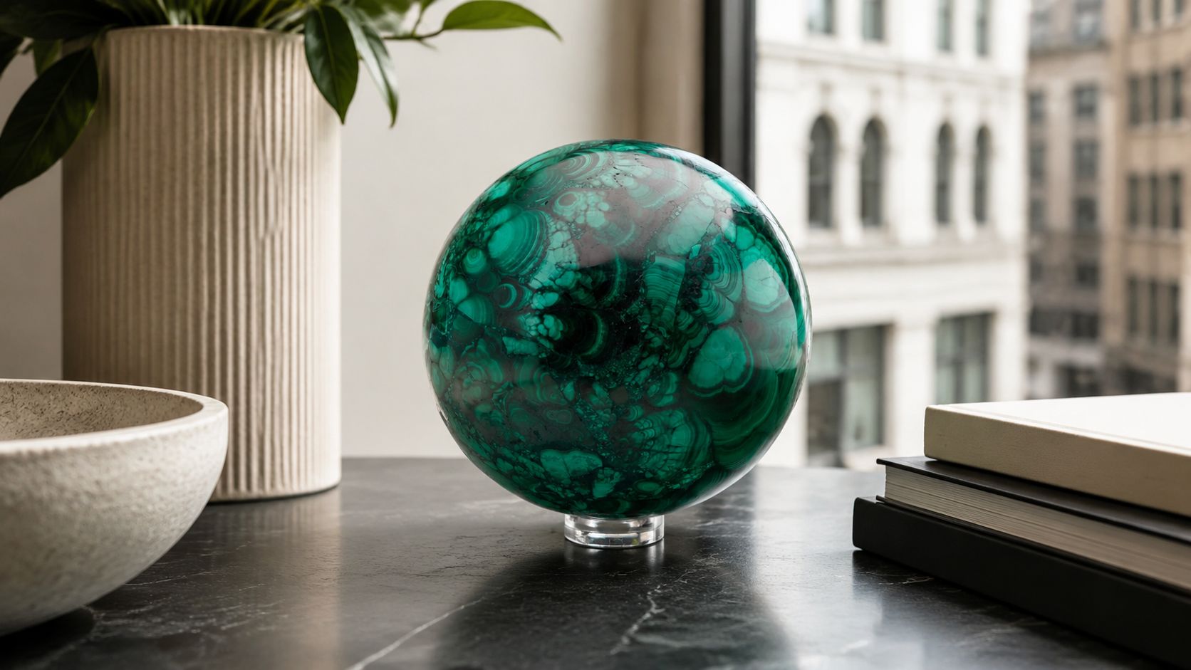 Hand-Polished Solid 3.5" Diameter Malachite Sphere // Ver. III