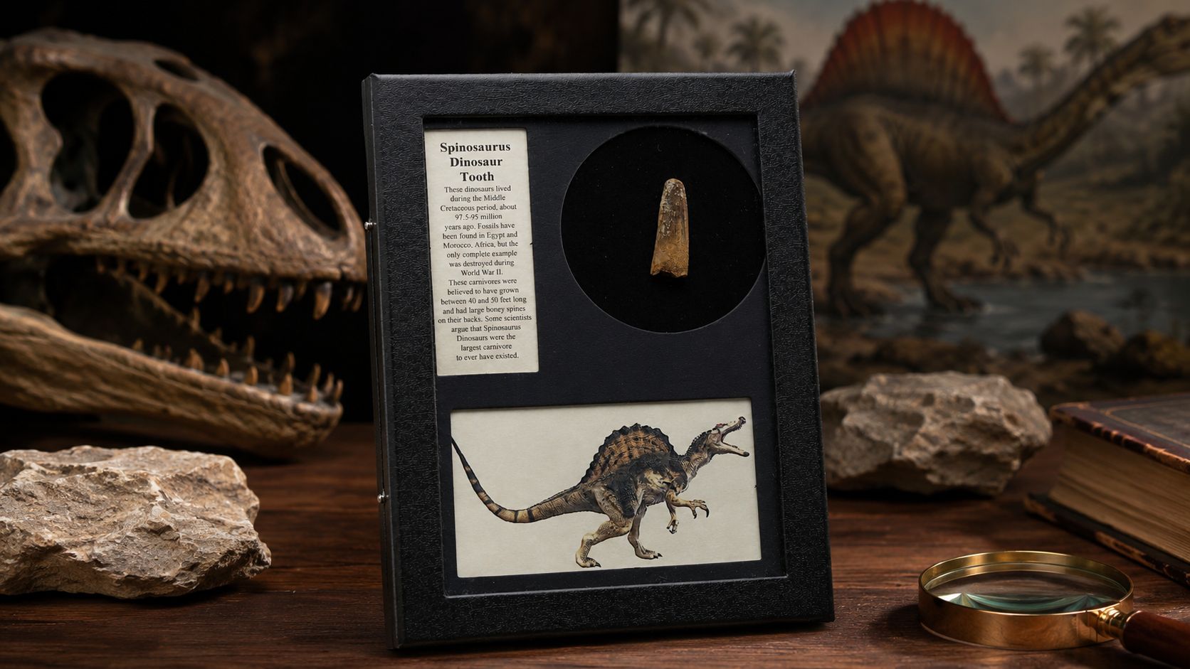 Spinosaurus Tooth Fossil � Genuine Cretaceous Predator Tooth in Collector�s Display Box