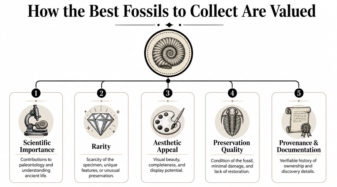 An infographic titled How the Best Fossils to Collect Are Valued outlining five key valuation factors.