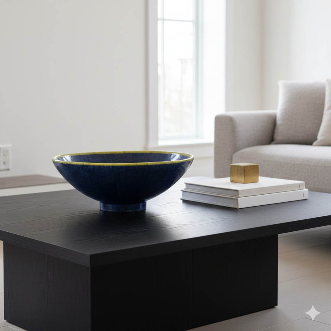 A stylish living room scene with a blue bowl, books, and a golden cube on a black coffee table.