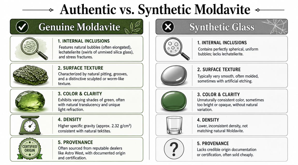 A comparison chart outlining key differences between authentic Moldavite and synthetic glass for identification purposes.