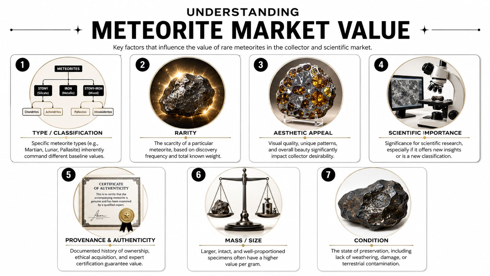 An infographic detailing seven key factors that influence the market value of rare meteorites for collectors.