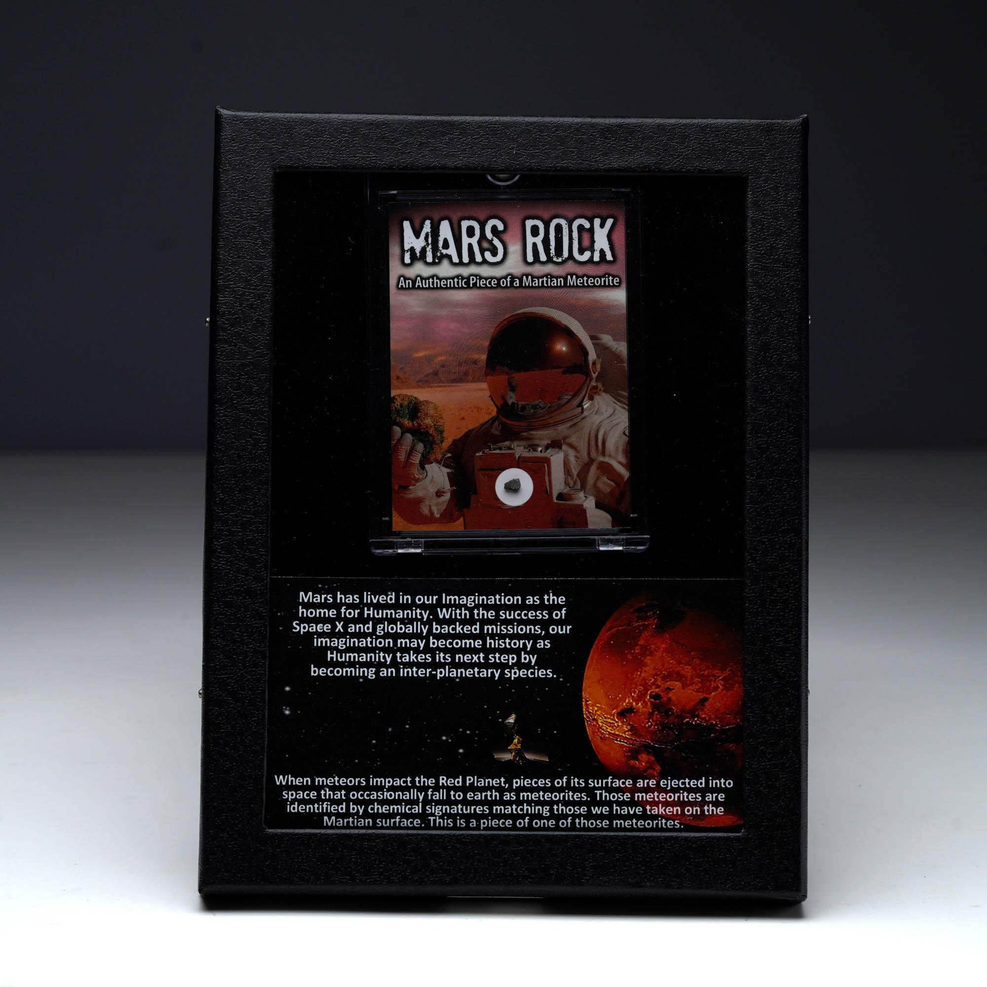 A black display case features a 'Mars Rock' card with an astronaut, and explanatory text about Martian meteorites and space exploration.